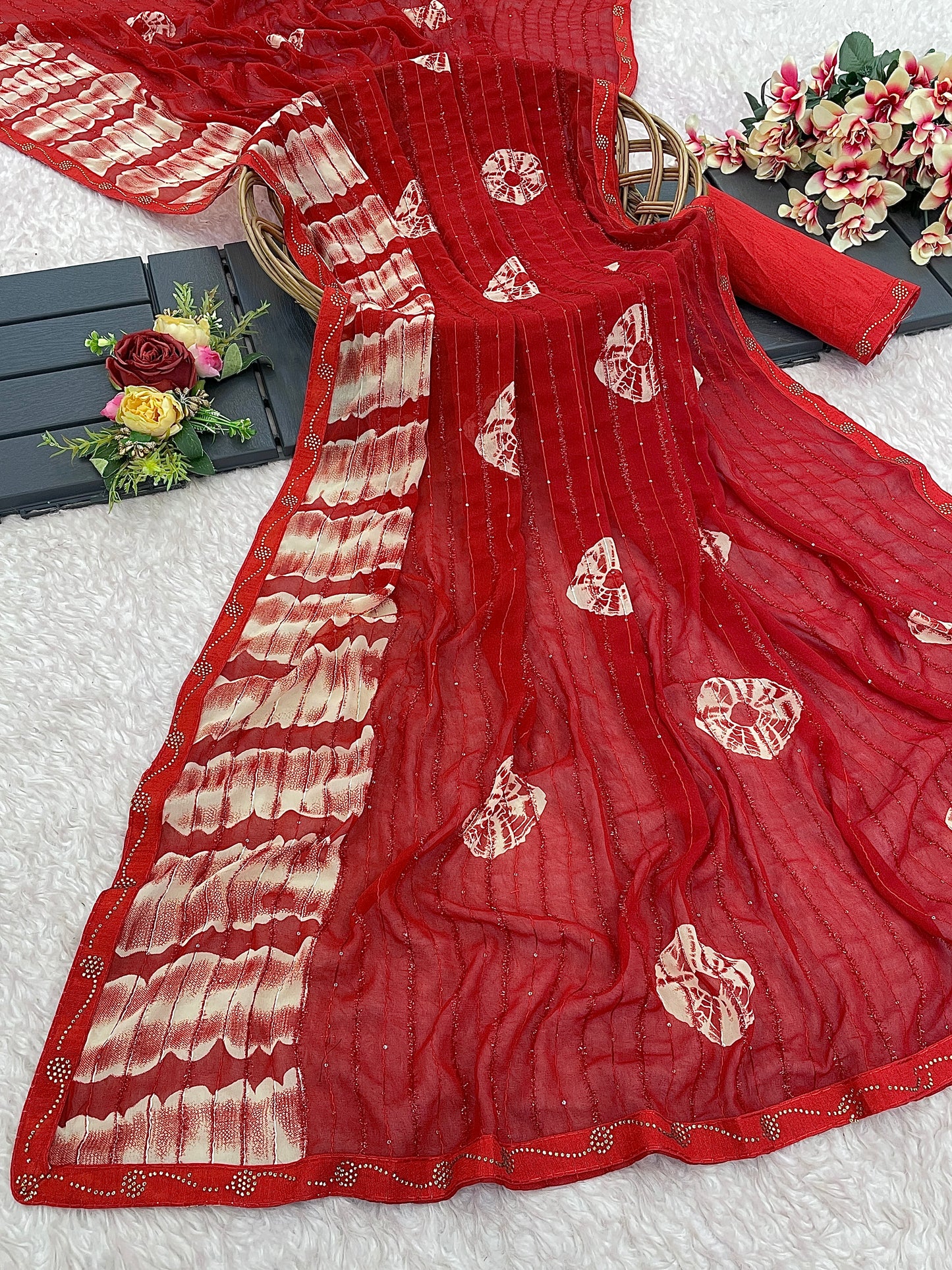 Georgette Sequence Work With Far Pattan Shibori Print Saree and Siroski Diamond Border
