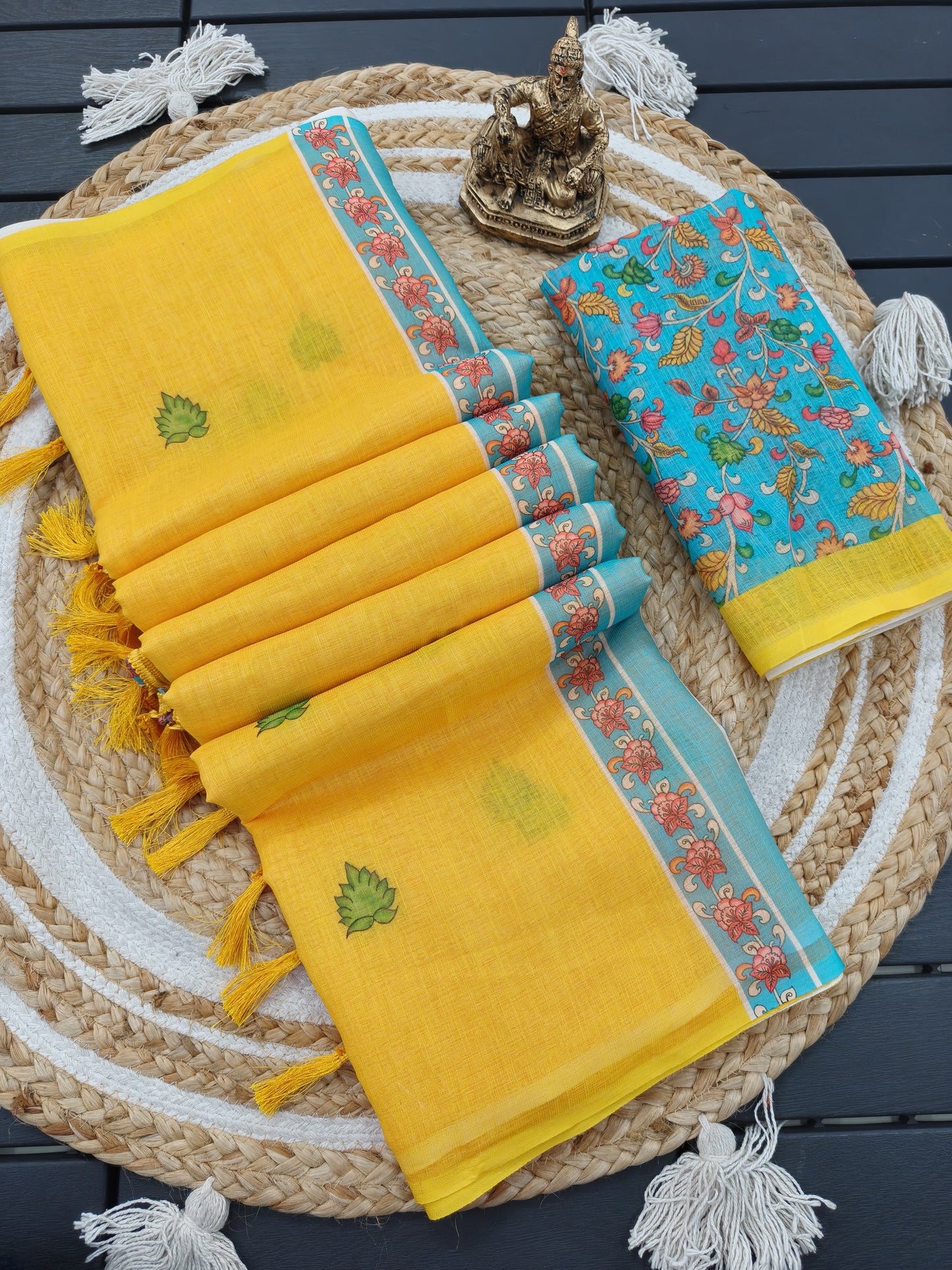 Linen Cotton Digital Yellow Kalamkari Print Saree