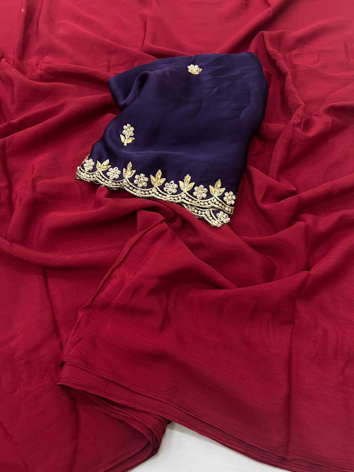 Soft Chifon Silk Saree With Contrast Rangoli Embroidery Work Blouse
