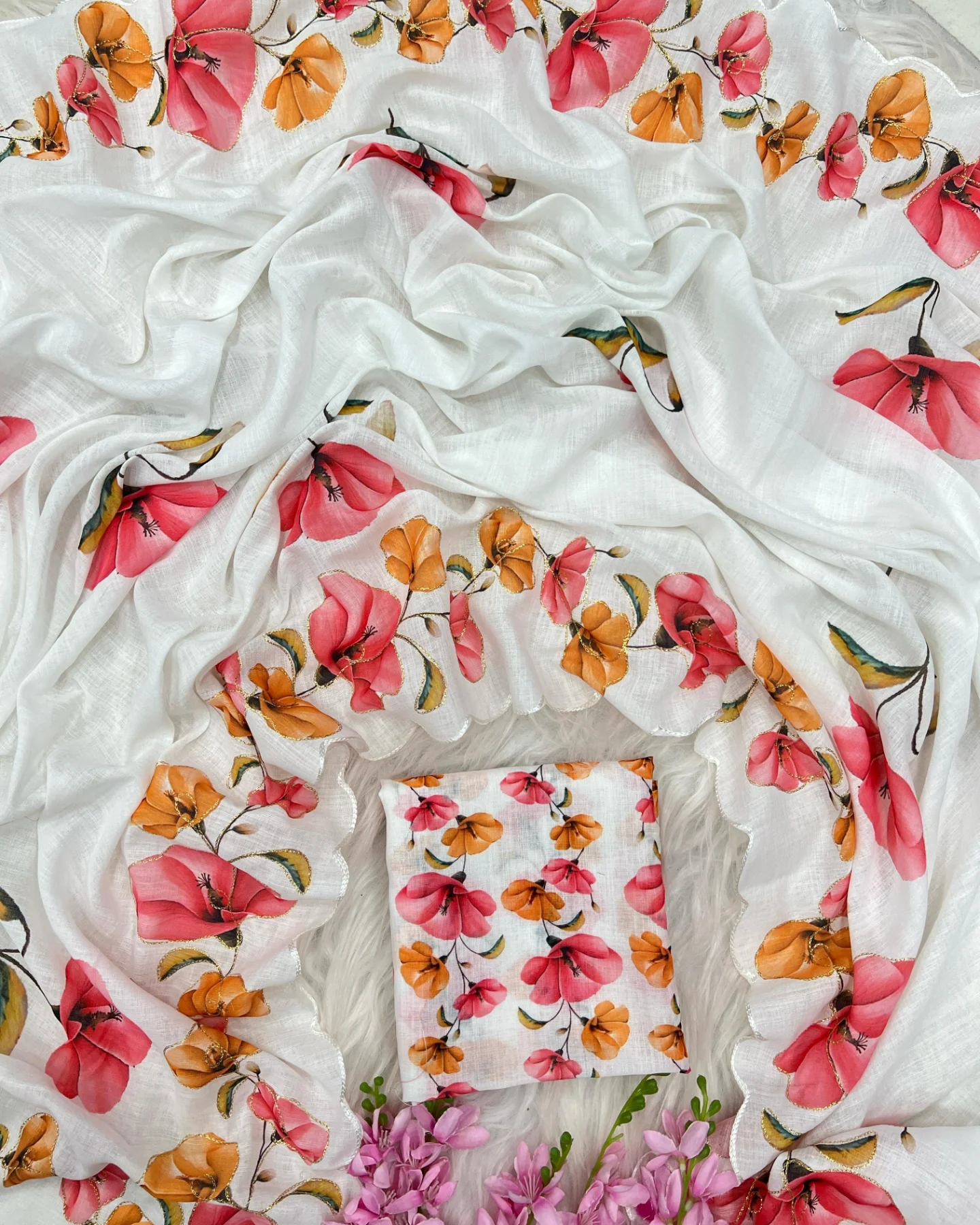Linen Cotton Digital Print With Arco Aari Work Saree