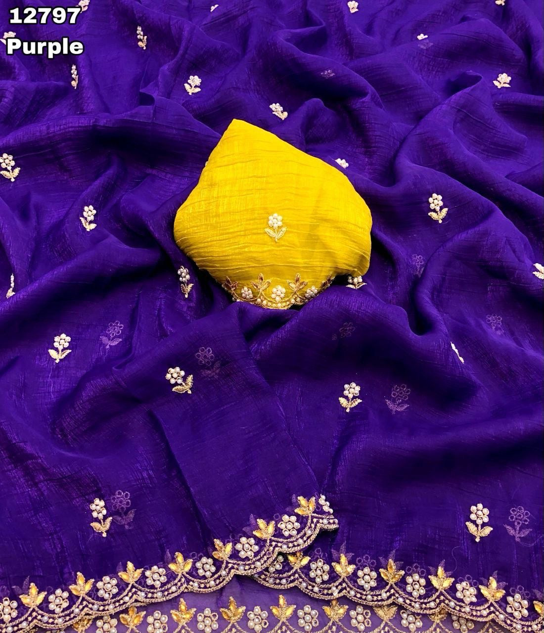 Crunchy Chiffon Crush Silk Embroidery Saree