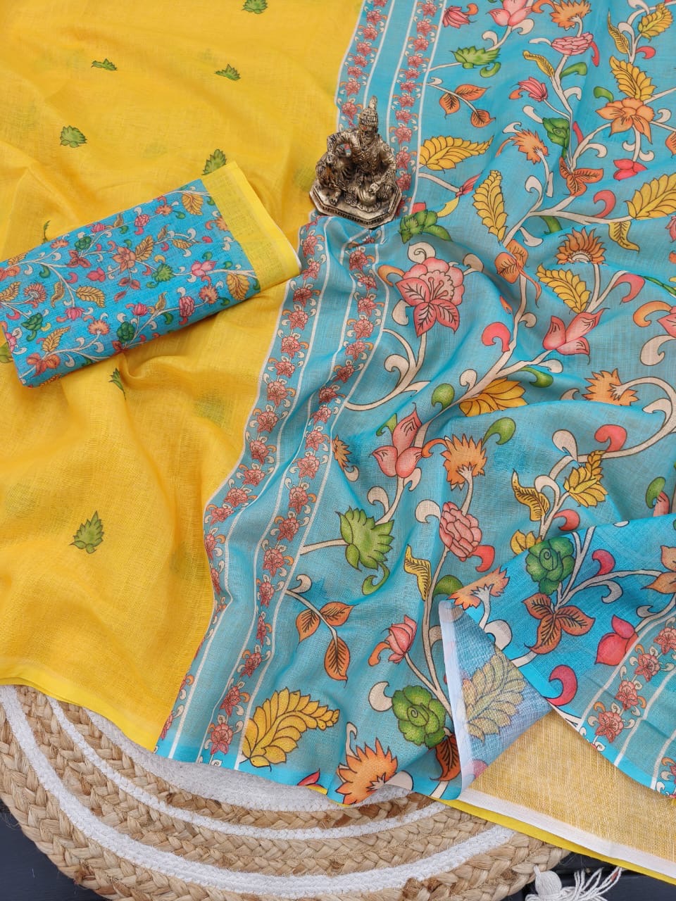 Linen Cotton Digital Yellow Kalamkari Print Saree