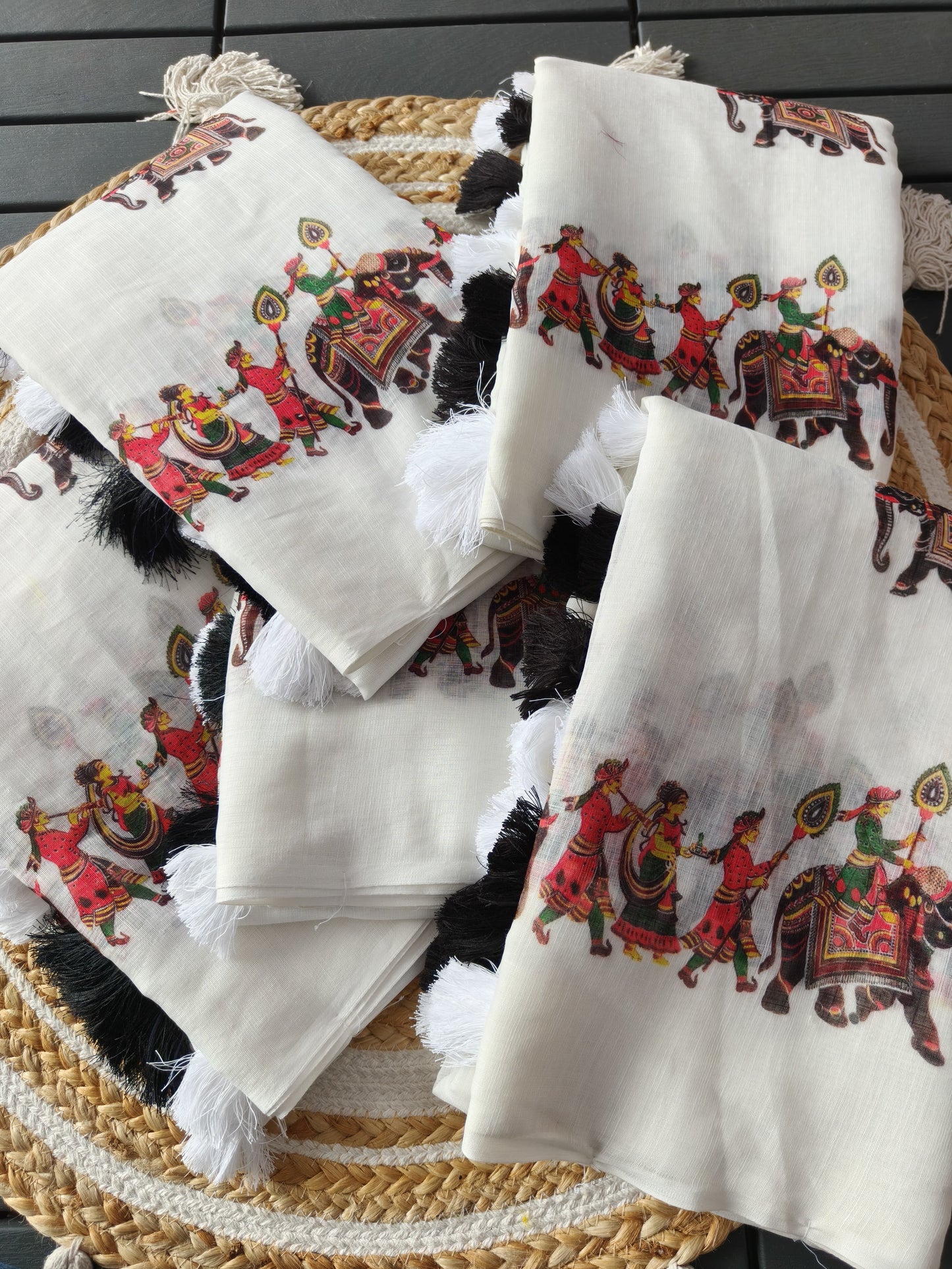 Linen Cotton Saree Elephant Digital Print On Allover Saree Attached With Heavy Motif Tussels