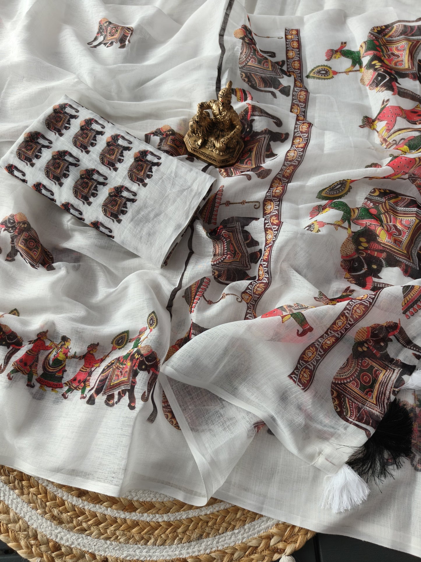 Linen Cotton Saree Elephant Digital Print On Allover Saree Attached With Heavy Motif Tussels