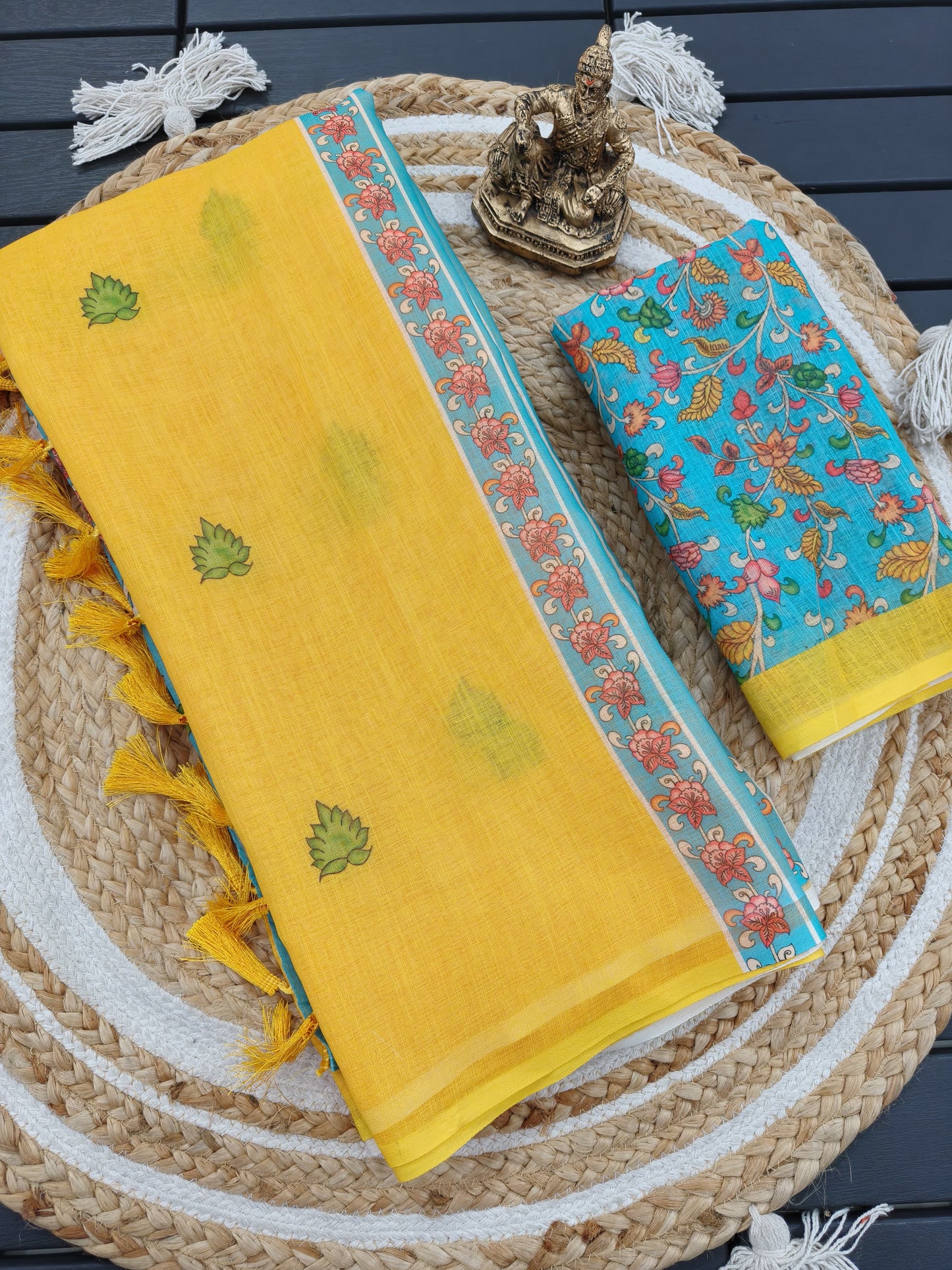 Linen Cotton Digital Yellow Kalamkari Print Saree