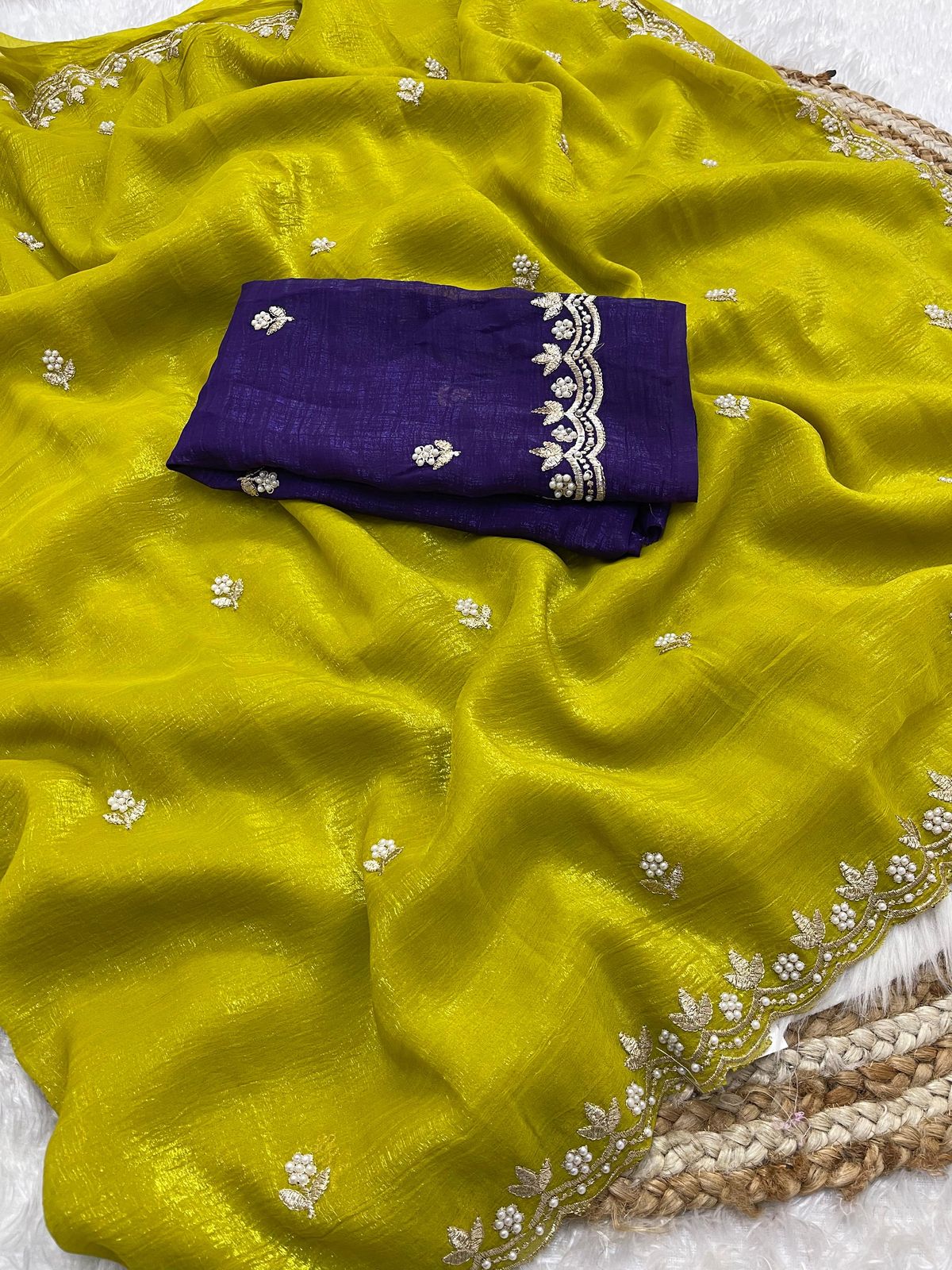 Crunchy Chiffon Crush Silk Embroidery Saree