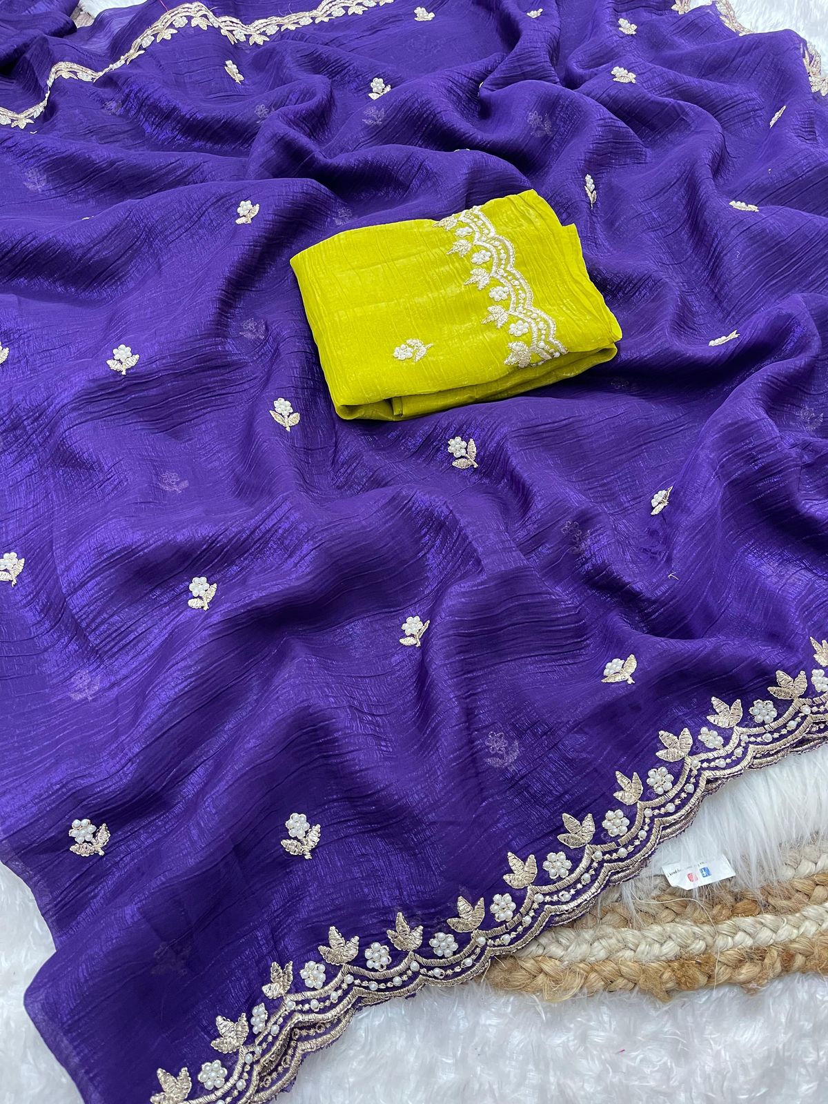 Crunchy Chiffon Crush Silk Embroidery Saree