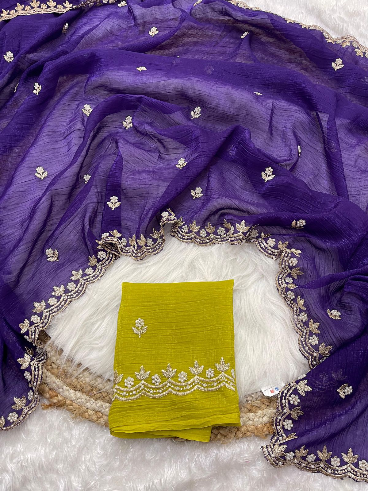 Crunchy Chiffon Crush Silk Embroidery Saree
