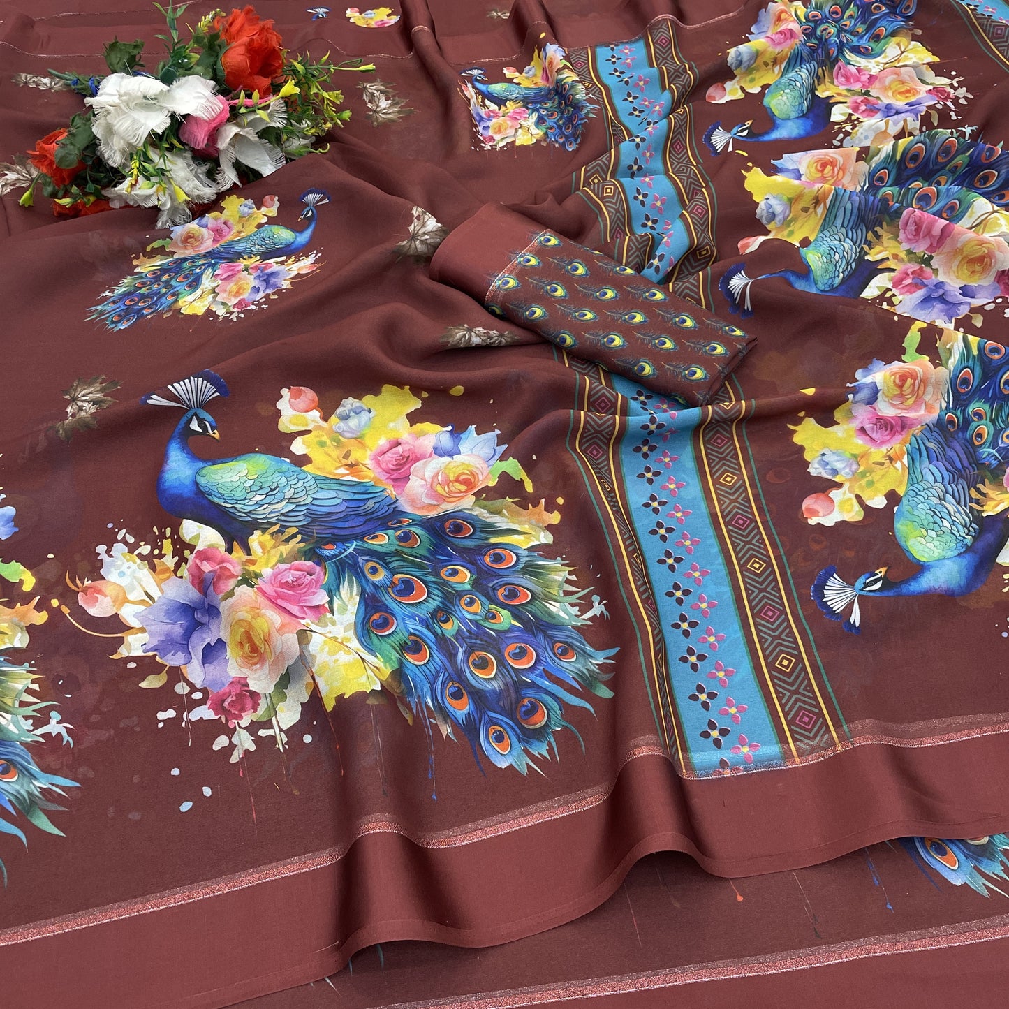 Marsh Mellow Georgette Saree With Zari And Digital Print And Perfect Blouse