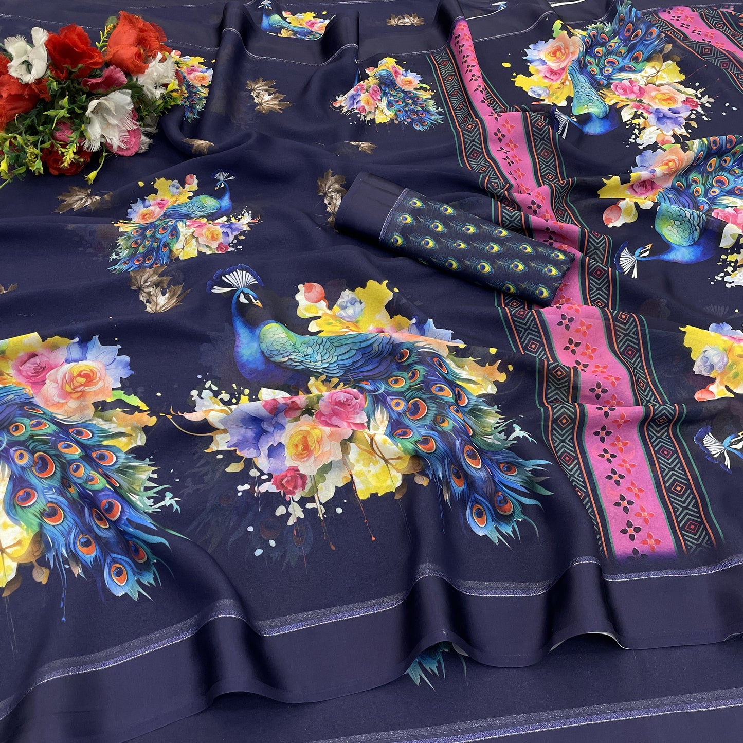 Marsh Mellow Georgette Saree With Zari And Digital Print And Perfect Blouse