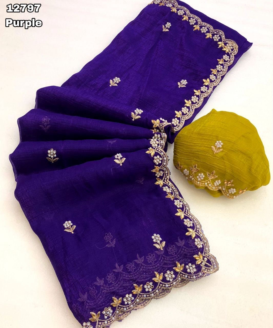 Crunchy Chiffon Crush Silk Embroidery Saree