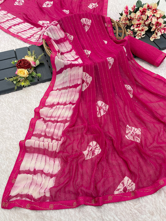 Georgette Sequence Work With Far Pattan Shibori Print Saree and Siroski Diamond Border