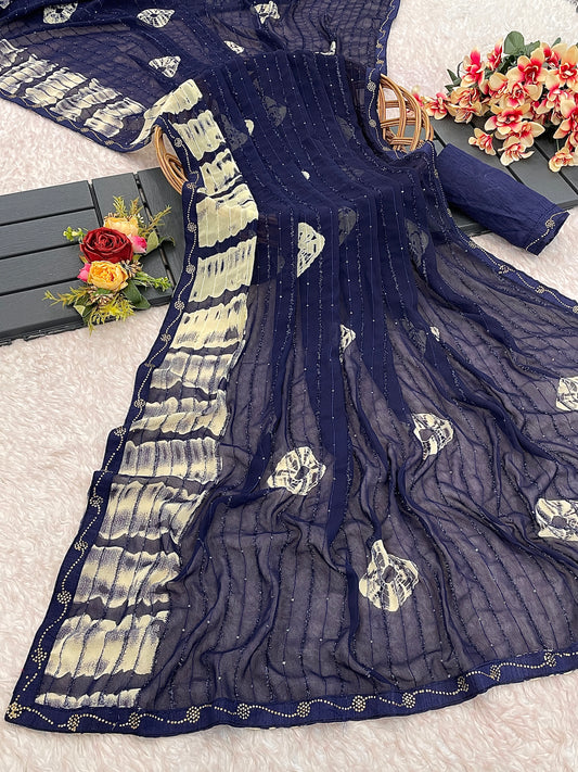 Georgette Sequence Work With Far Pattan Shibori Print Saree and Siroski Diamond Border