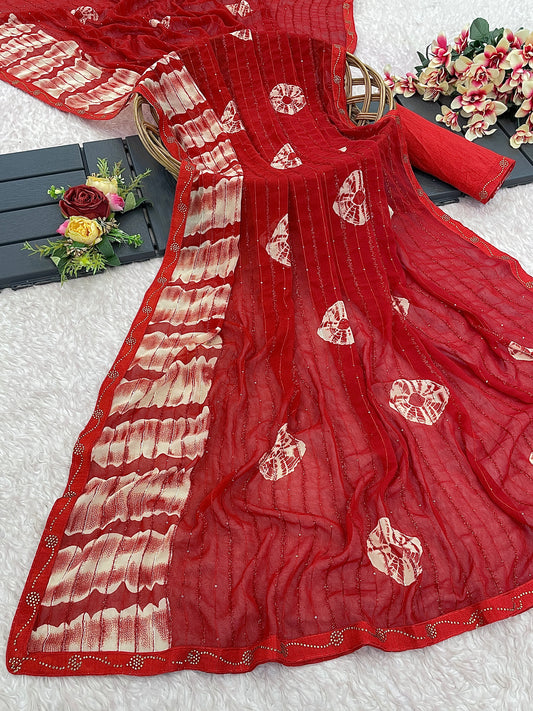 Georgette Sequence Work With Far Pattan Shibori Print Saree and Siroski Diamond Border