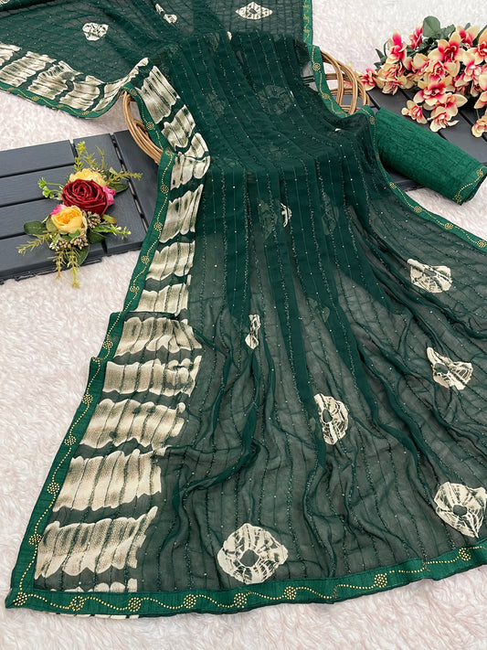 Georgette Sequence Work With Far Pattan Shibori Print Saree and Siroski Diamond Border