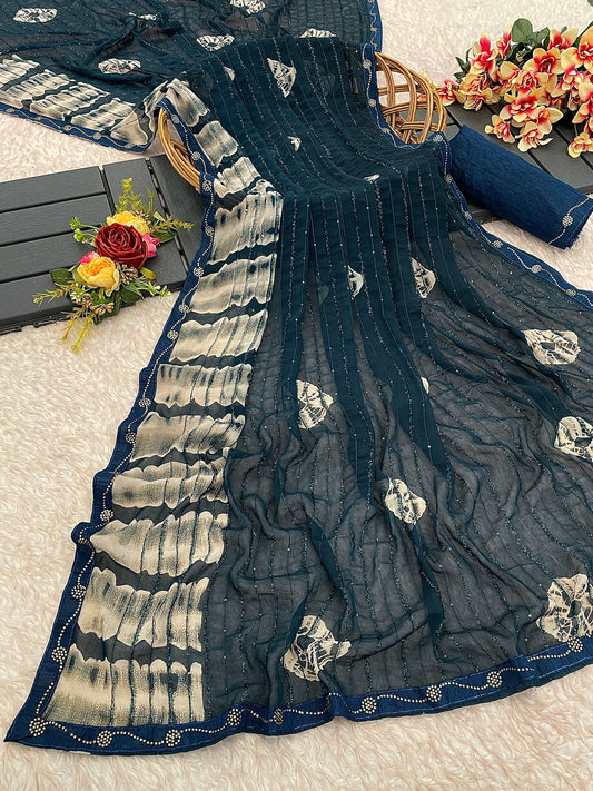 Georgette Sequence Work With Far Pattan Shibori Print Saree and Siroski Diamond Border