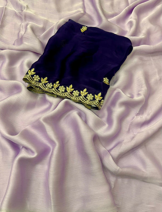 Soft Chifon Silk Saree With Contrast Rangoli Embroidery Work Blouse