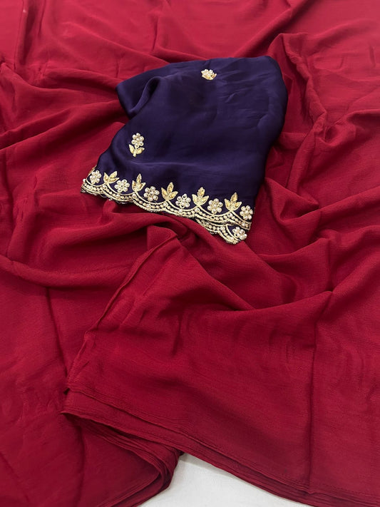 Soft Chifon Silk Saree With Contrast Rangoli Embroidery Work Blouse
