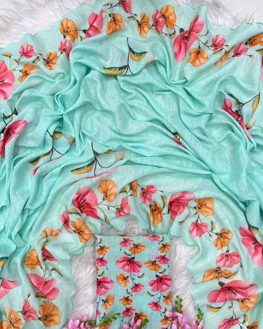 Linen Cotton Digital Print With Arco Aari Work Saree