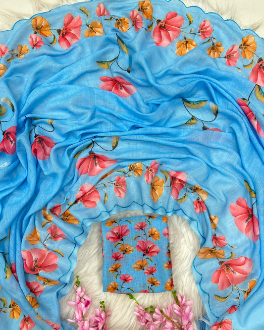 Linen Cotton Digital Print With Arco Aari Work Saree