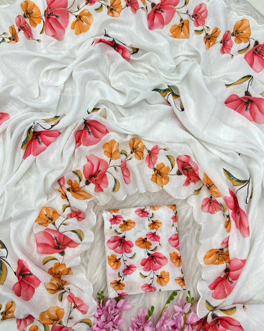Linen Cotton Digital Print With Arco Aari Work Saree