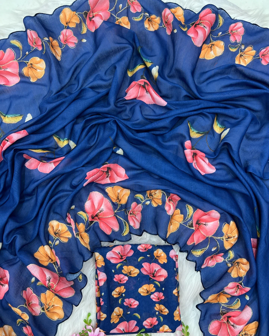 Linen Cotton Digital Print With Arco Aari Work Saree