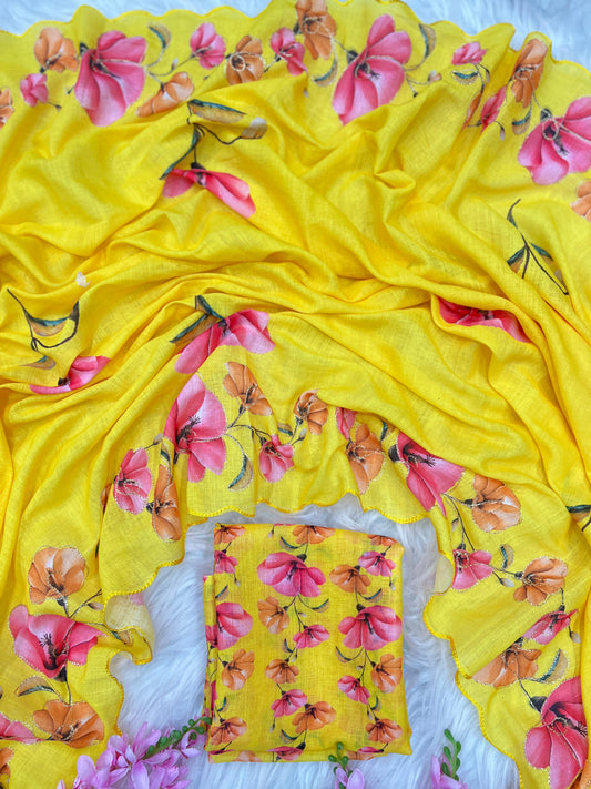 Linen Cotton Digital Print With Arco Aari Work Saree