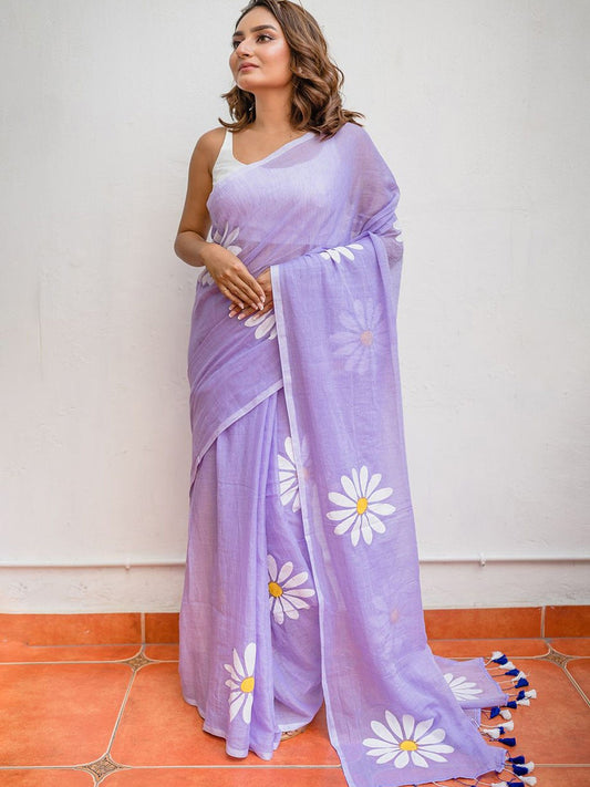 Linen Digital Flower Print Saree
