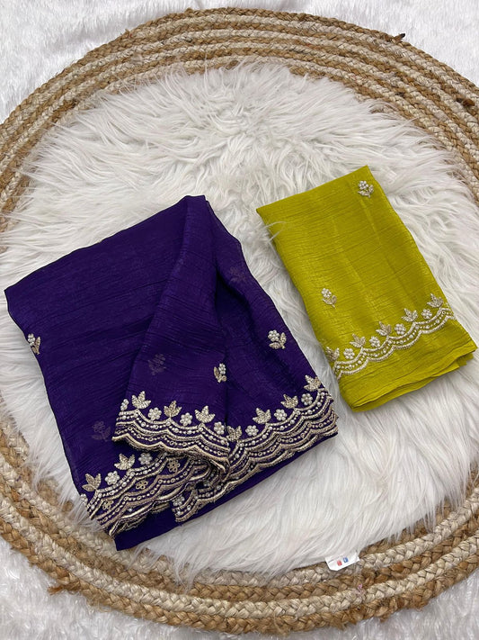 Crunchy Chiffon Crush Silk Embroidery Saree
