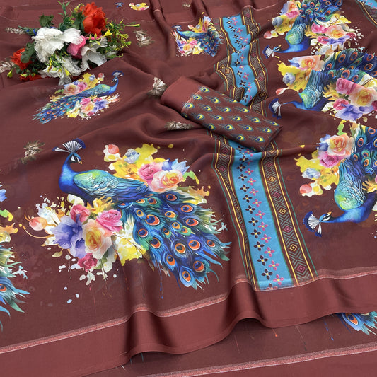Marsh Mellow Georgette Saree With Zari And Digital Print And Perfect Blouse