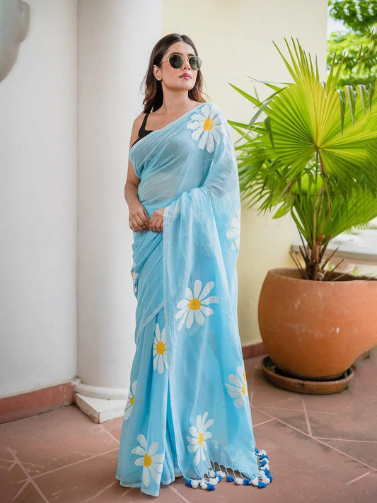 Linen Digital Flower Print Saree