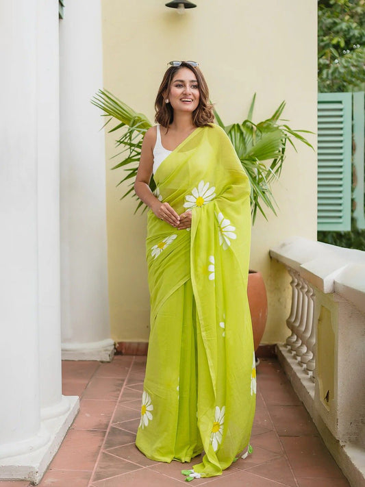 Linen Digital Flower Print Saree