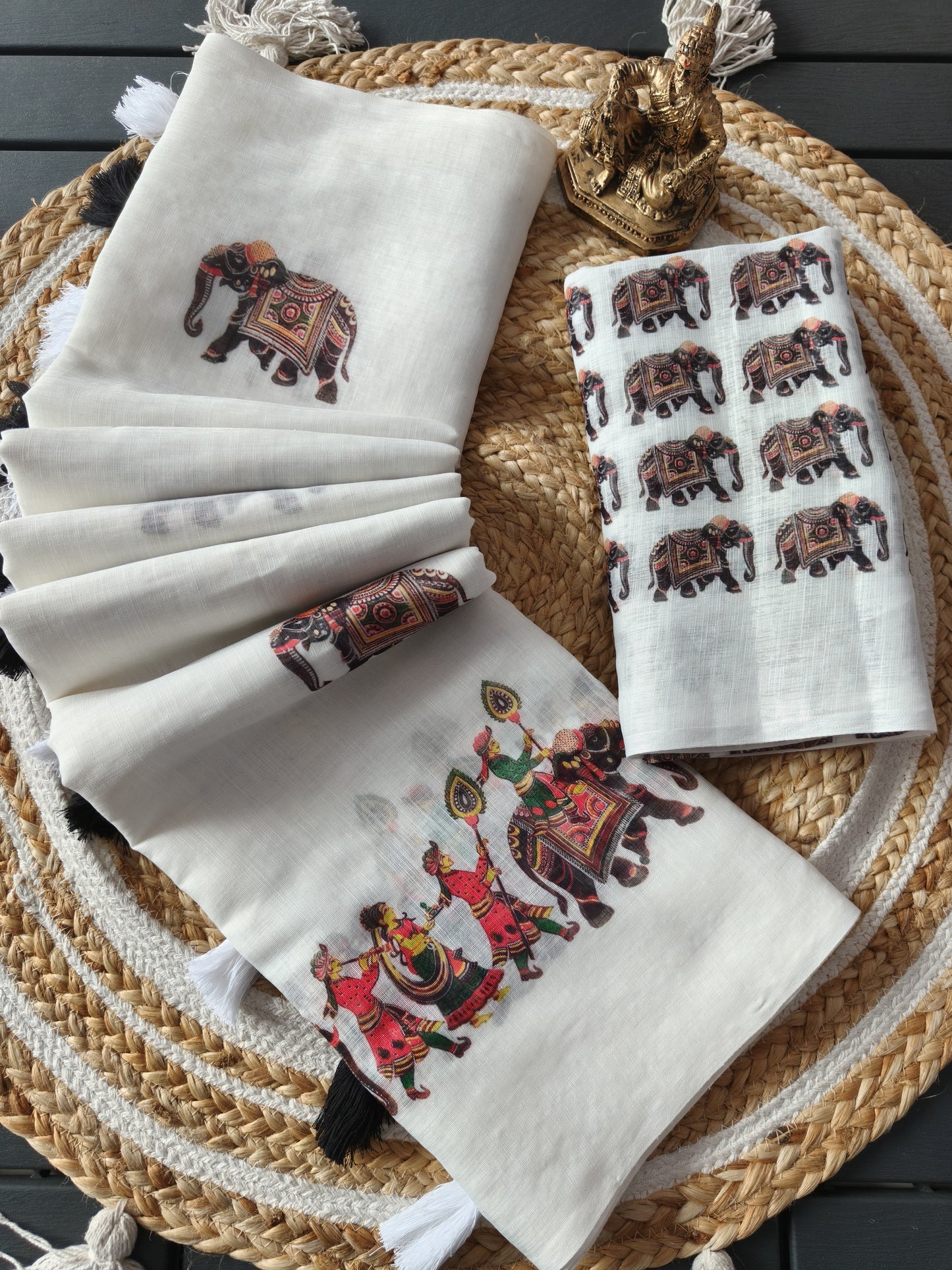 Linen Cotton Saree Elephant Digital Print On Allover Saree Attached With Heavy Motif Tussels