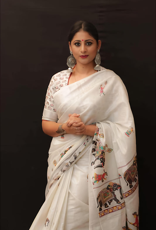 Linen Cotton Saree Elephant Digital Print On Allover Saree Attached With Heavy Motif Tussels