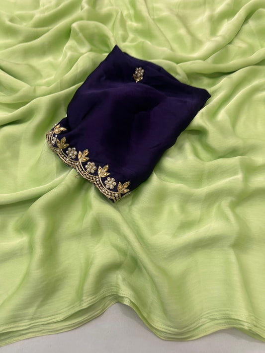 Soft Chifon Silk Saree With Contrast Rangoli Embroidery Work Blouse