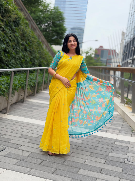 Linen Cotton Digital Yellow Kalamkari Print Saree
